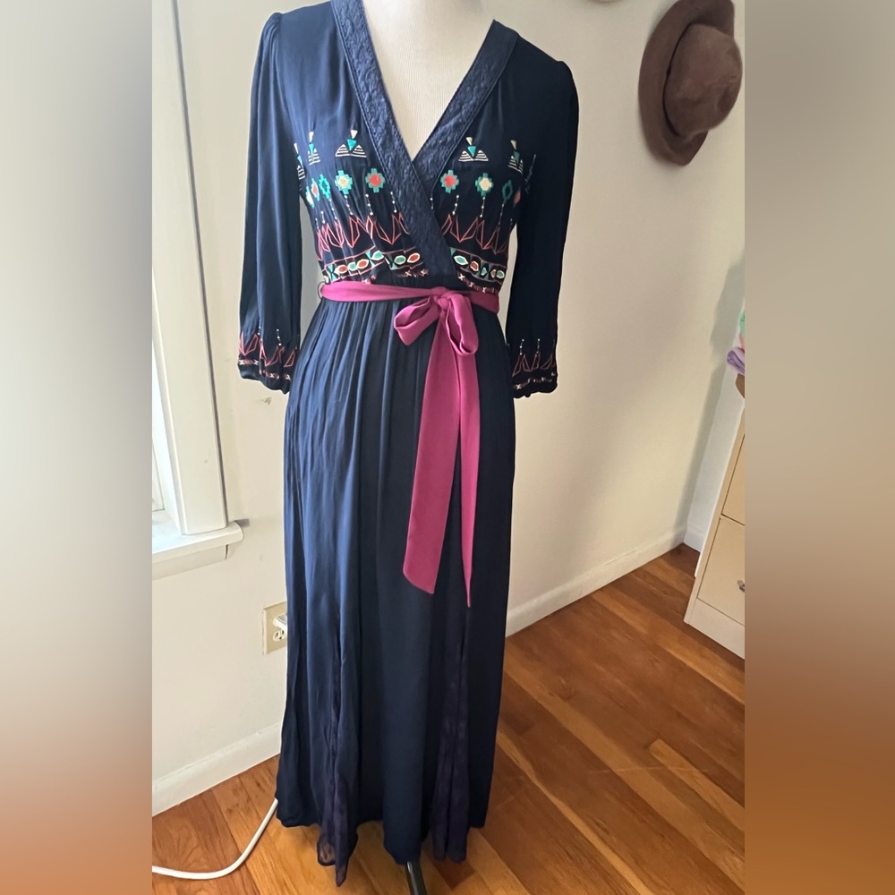 Embroidered Navy maxi Dress with Pink Sash and long sleeves